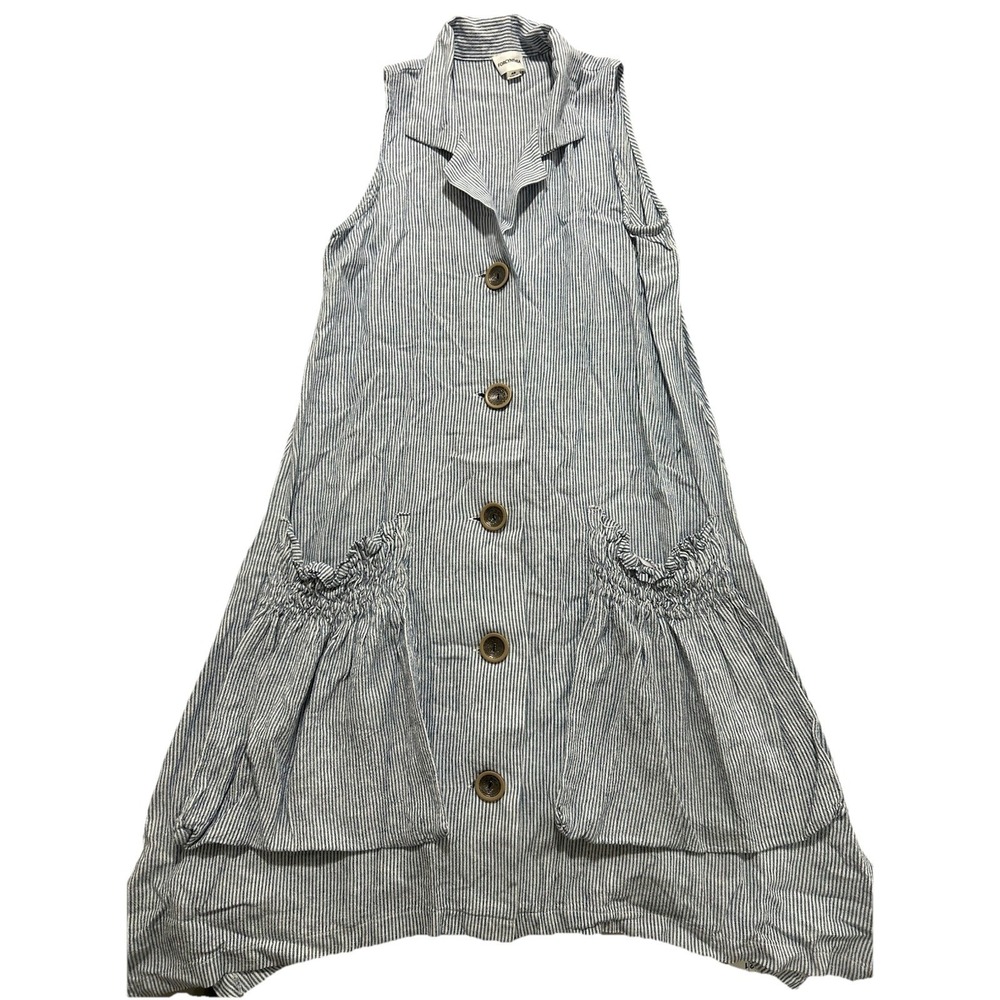 For Cynthia XS Linen-Blend Sark Bite Hem Shirt Dress Ruched Pockets Blue Striped